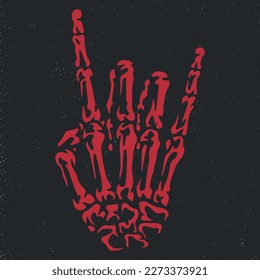 Hand rock gesture red label with bone fingers for fashion design of punk bands and heavy metal festivals vector illustration