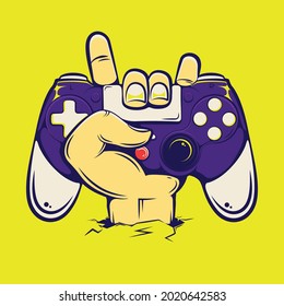 Hand Rock sostuvo gamepad para jugar video juegos ilustración de caricatura Premium Vector