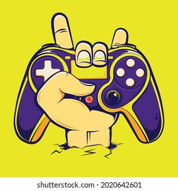 Hand Rock held gamepad for playing video games cartoon illustration Premium Vector