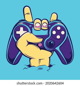 Hand Rock held gamepad for playing video games cartoon illustration Premium Vector