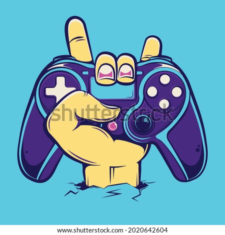 Hand Rock held gamepad for playing video games cartoon illustration Premium Vector