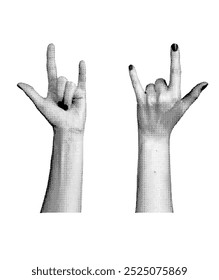 Hand, rock horns sign. Gesture symbol, finger punk rocker, concert. Halftone style vector isolated on white background.