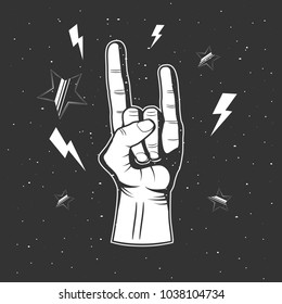 Hand in rock n roll sign. Retro poster. Vector illustration.