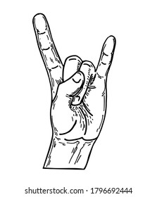 Hand in rock n roll sign. Sketch. Hand rock gesture. Metal sign.  Hand in I love you. 