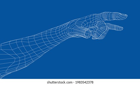 Hand in rock n roll sign. Vector rendering of 3d. Wire-frame style