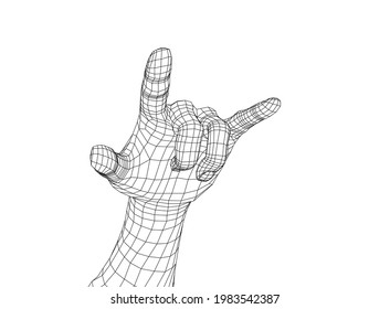 Hand in rock n roll sign. Vector rendering of 3d. Wire-frame style