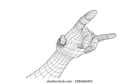 Hand in rock n roll sign. Vector rendering of 3d. Wire-frame style