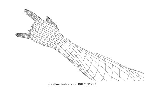 Hand in rock n roll sign. Vector rendering of 3d. Wire-frame style