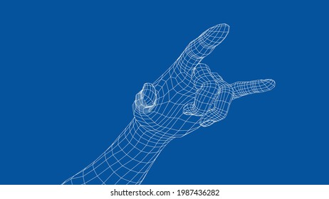Hand in rock n roll sign. Vector rendering of 3d. Wire-frame style