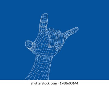 Hand in rock n roll sign. Vector rendering of 3d. Wire-frame style