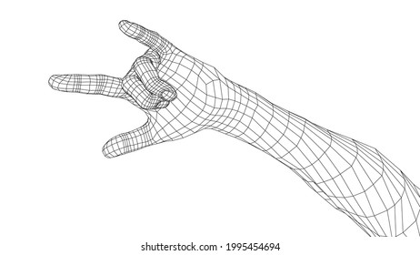 Hand in rock n roll sign. Vector rendering of 3d. Wire-frame style