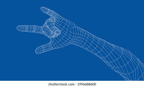 Hand in rock n roll sign. Vector rendering of 3d. Wire-frame style