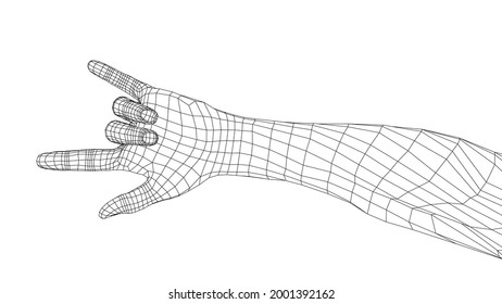 Hand in rock n roll sign. Vector rendering of 3d. Wire-frame style