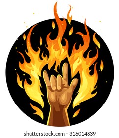 Hand in rock and roll sign in fire