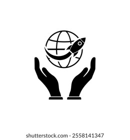 Hand with rocket and globe logo icon. Startup, target, mission logo icon vector.