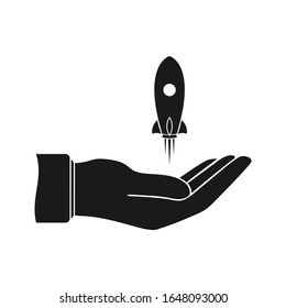 Hand and rocket icon. Flat vector illustration arm on white background.