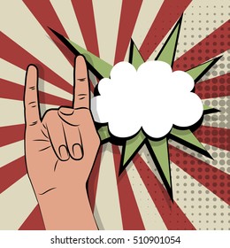 Hand rock-n-roll sign comic background retro pop art style white text bubble. Gestures brutal rock. Cartoon vector colored speech bubble. Halftone hand drawn finger sign pop art background