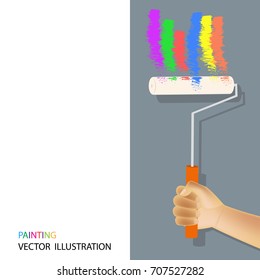 Hand with roller painting on background painted multi color, vector illustration