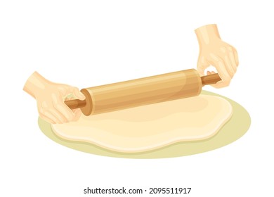 Hand rolling dough with a rolling pin. Bakery process, kneading pastry for cookies or pizza vector illustration