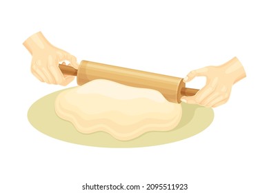 Hand rolling dough with a rolling pin. Bakery process, kneading pastry for cookies or cake vector illustration