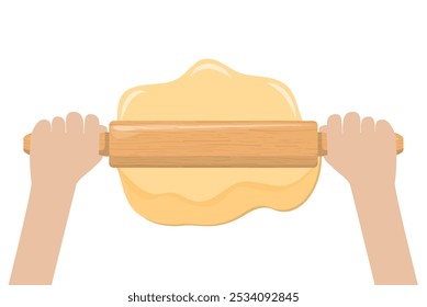 Massa de rolamento manual com um rolo. Processo de padaria Utensílios de cozinha, utensílio de cozinha isolado no branco. ilustração vetorial em design plano