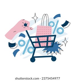 A hand rolls a cart with a package. Announcement of final sale, big discounts on goods. Coupon design for a store. Vector illustration in cartoon style isolated on white background.