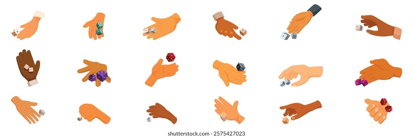  Hand rolls dice icons set. Different hands rolling and throwing or holding colorful dice, ready for playing board games or gambling