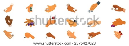  Hand rolls dice icons set. Different hands rolling and throwing or holding colorful dice, ready for playing board games or gambling