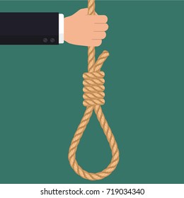 Hand with rope hanging loop. Suicide and business. Tightens noose, businessman hopelessness, node for hanging. Vector