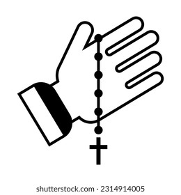 Hand with rosary beads on white background