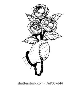 Hand with rose. bouquet of roses.  Hand are sealed with rose. symbol of love are pain for someone. dark side of love. line art vector illustration hand drawing.