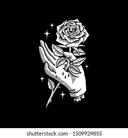 
Hand and rose. Design for printing on t-shirts, stickers and more. Vector.