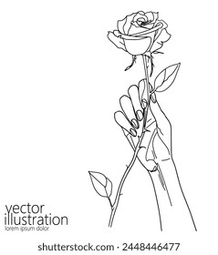Mano con el regalo de la rosa arte de la línea continua única. relación romántica de la fecha del amor presente diseño del concepto de la silueta de la flor un bosquejo dibujando la Ilustración vectorial blanca