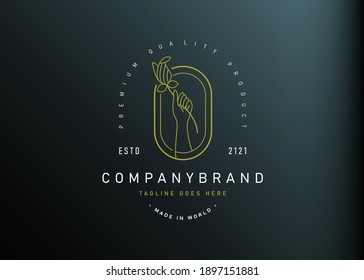 Hand with rose logo design. Vector illustration of hand holding rose monoline design. Vintage logo design vector line icon template