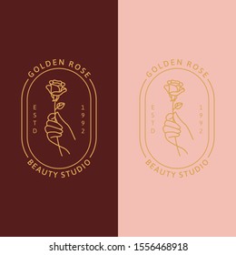 Hand and rose logo in minimal trendy linear style. Vector icon for beauty Studio golden rose. Concept for cosmetics, nail salon, floral shop, hand made, jewelry, tattoo master