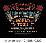 Hand with rose. Rock and roll vector t-shirt design. Live forever. Music world tour artwork. Wild and free. Music slogan logo design. Rock music poster design.