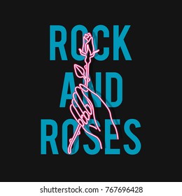Hand and rose  Rock   roses slogan  Typography graphic print  fashion drawing for t  shirts  Vector stickers print  patches vintage rock style