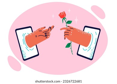 La mano con una tableta rosa muestra metáfora para regalo digital y mensajería romántica a través de la aplicación de internet. Concepto de chatear en sitios web para citas y enviar regalos en el ciberespacio o coqueteo en internet