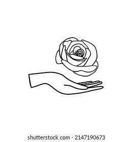 hand with rose Vector abstract logo design template in trendy linear minimalistic style. symbol for cosmetics, jewelry, beauty products and handicraft, tattoo studios
