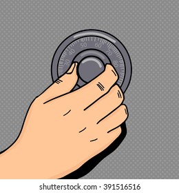 Hand rotate mechanical combination lock pop art style vector illustration. Human hand illustration. Comic book style imitation. Vintage retro style. Conceptual illustration