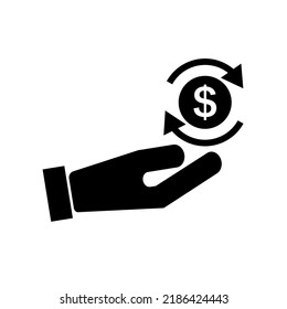 Hand and rotating coin icon. Dollar exchange. Vector.