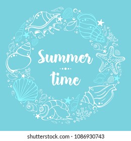 Hand round frame of sea shells and stars. Vector marine illustration. Set of beautiful seashells arranged in circle. Postcard for you.