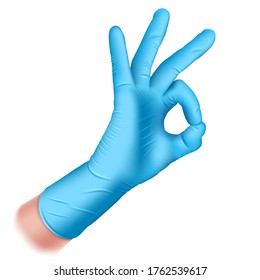 Hand in a rubber glove of blue color closeup.  Hand makes ok sign. Hand gesture - Okay. Realistic 3d illustration. Isolated on a white background. Vector.