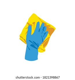 Hand in rubber glove cleaning with rug. Cleaning service, housework, hygiene cleanup chores, disinfection concept cartoon vector illustration isolated on white background