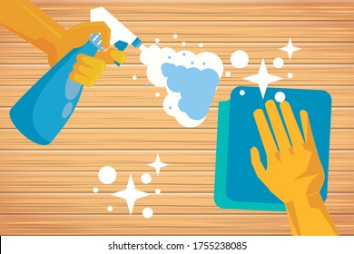 hand with rubber glove and cloth housekeeping accessory vector illustration design