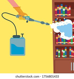 hand with rubber glove with disinfectan sprayer housekeeping vector illustration design