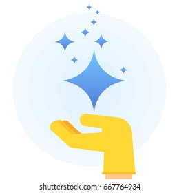 Hand in rubber glove holding stars of brilliance and radiance of clean, fresh, hygiene and shine in house. Cleaning, fresh, hygiene and shine. Flat vector cartoon illustration. Objects isolated.