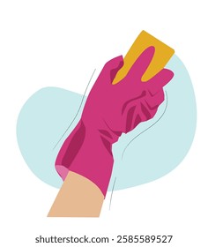 hand with  rubber glove holding yellow sponge cleaning 