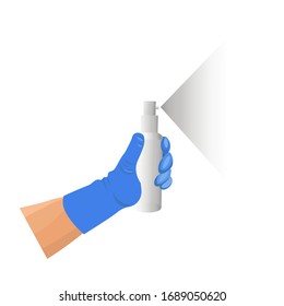 A hand in a rubber glove holds an aerosol spray can with bactericidal disinfectant. Vector illustration isolated on white background