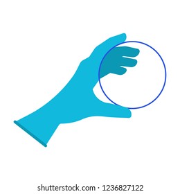 A hand in a rubber glove holds a petri dish. Concept of laboratory, test, research, chemical analysis. Vector isolated illustration.